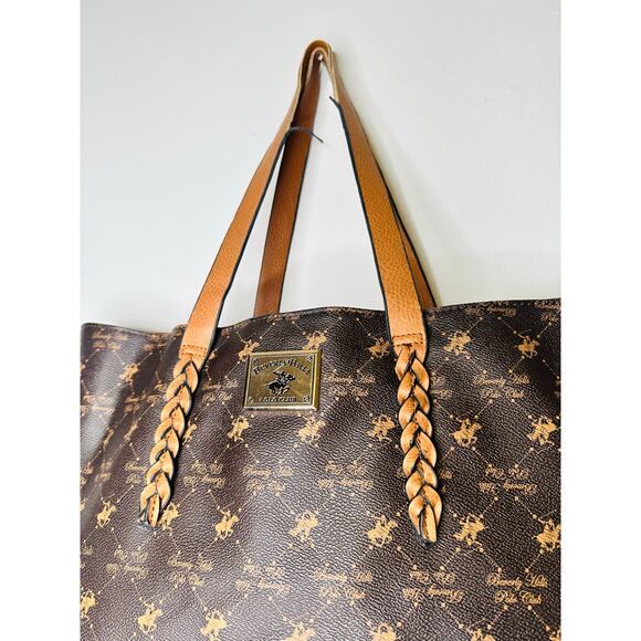 BEVERLY HILLS  POLO CLUB Brown Braided Handle Large Size Tote Handbag - Picture 10 of 14